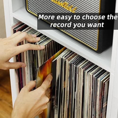 YAHARBO Record Player Stand, 3-Shelf Vinyl Record Holder with Storage, White Record Stand, Vintage Turntable Stand Holds Up to 100 Albums,Record Table with Handle for Living Room,Bedroom thumbnail 4