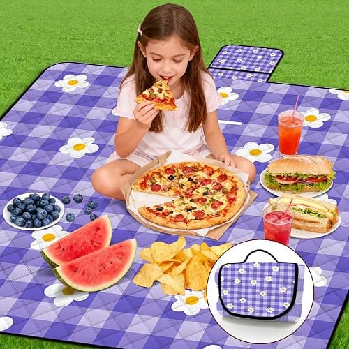 Extra Large Picnic Blanket Waterproof,80"x 80"Foldable Machine Washable Beach Blanket,Outdoor Blanket for 6-8 Adults,Suitable for Indoor Crawling,Park Beach,Camping,Hiking,Family Travel(Purple) thumbnail 2