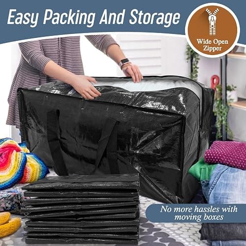 6 Pack Extra Heavy Duty Large Moving Bags with Strong Zipper & Comfortable Handles, Sturdy & Durable Clothes Storage Bags Totes Bins, Packing Moving Boxes for College Supplies, Black thumbnail 5