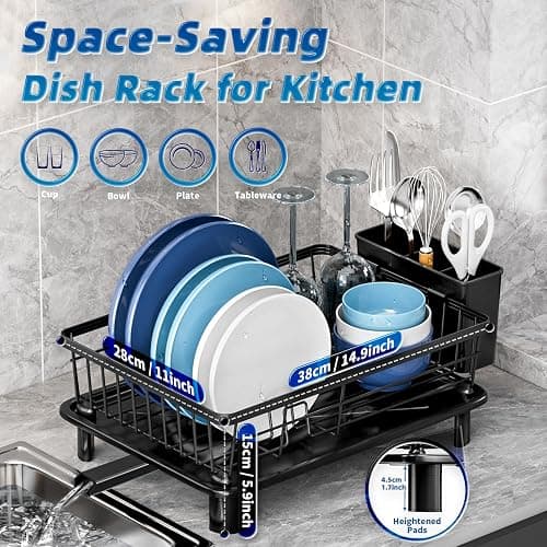 GAOKASE Dish Drying Rack, Stainless Steel Space-Saving Dish Rack, Dish Racks for Kitchen Counter, Kitchen Dish Drainers with Removable Utensil Holder,New Drain Outlet,Plate Rack and Drainboard, Black thumbnail 5
