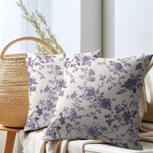 Lavender Purple Floral Pillow Covers 18x18 Inch Set of 2 Purple and Cream Chinoiserie Flower Outdoor Decorative Throw Pillows Vintage Rustic Toile Pillowcases Cushion Covers for Couch Home Decor thumbnail 6