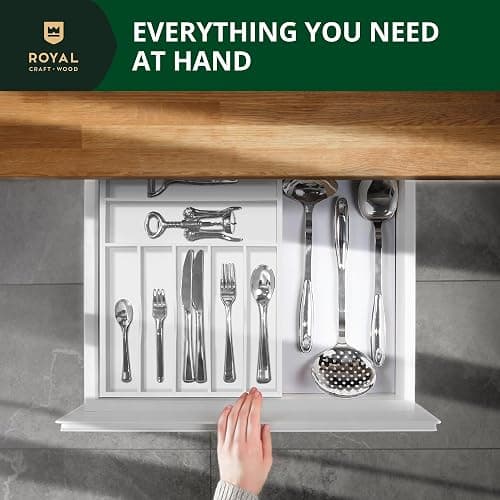 ROYAL CRAFT WOOD Luxury Bamboo Kitchen Drawer Organizer - Silverware Organizer - Utensil Holder and Cutlery Tray with Grooved Drawer Dividers for Flatware and Kitchen Utensils (7 Slot, White) thumbnail 6
