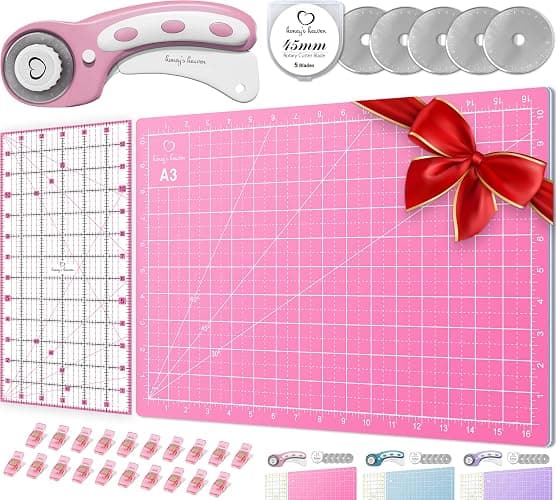 Rotary Cutter Set pink - Quilting Kit incl. 45mm Fabric Cutter, 5 Replacement Blades, A3 Cutting Mat, Acrylic Ruler and Craft Clips - Ideal for Crafting, Sewing, Patchworking, Crochet & Knitting y - Image 1