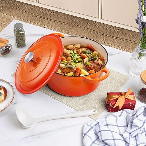 P&P CHEF 6QT Enameled Dutch Oven, Cast Iron Dutch Oven Pot with Lid for Bread Baking, Enameled Casserole Pot for Roasting Braising Stewing Frying Simmering, Various Stoves & Easy Clean, Orange thumbnail 2