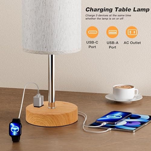 Fenmzee Touch Table Lamp - Cream, 3-Way Dimmable, USB A + C Charging, AC Outlet, 17.4inch Medium, Wood Grain Base thumbnail 4