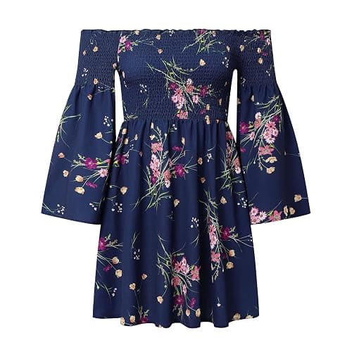 ONEYIM Women's Dress Summer Floral Long Sleeve Off Shoulder Casual Mini Dresses thumbnail 2