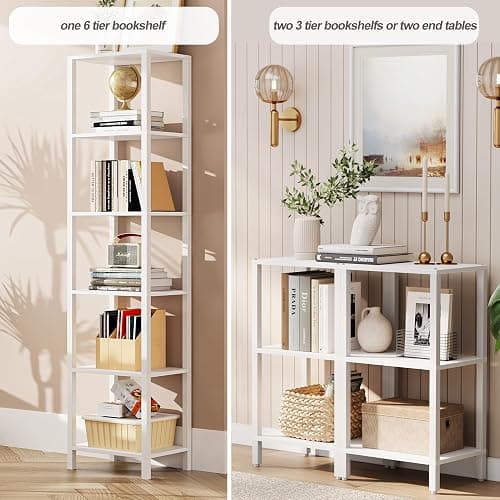 TUTOTAK Bookshelf, 6-Tier Tall Book Shelf, Narrow Bookcase for Small Space, DIY Stackable Bookshelf, for Living Room, Office, Study, Entryway, Industrial, White BS01BW006 thumbnail 4