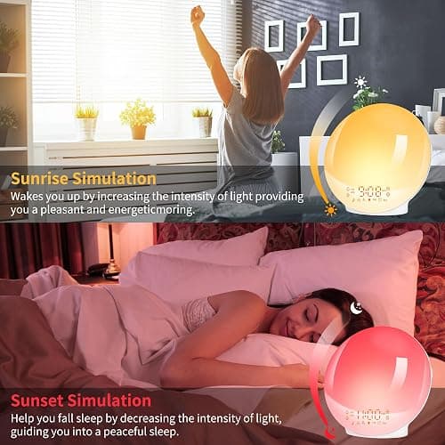 Eveil Lumière LED Radio Réveil Matin Lumineux Lampe de Chevet 20 Niveaux de Luminosité Simulateur d'Aube et Crépuscule 2 Réveils 7 Sons Naturels Fonction Snooze Veilleuse Enfant 11 Couleurs (Jaune) thumbnail 5