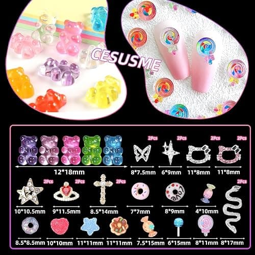 3D Mix Nail Charms Kit, Lollipop Nail Art Charms, Color Cute Gummy Bear Donut Star Heart Acrylic Nail Charm, Alloy Cross Star Butterfly Snake Crown Nail Gems Rhinestones Charms DIY Crafts Decor thumbnail 2