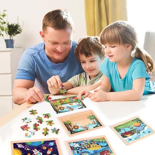 Wooden Educational Jigsaw Puzzles for Preschool Kids Ages 3-5, 4-Pack with 20 Pieces Dinosaur, Space, Transportation Wood Puzzles Set, Toddler Brain Teaser Toys, Gifts for Boys Girls Ages 3 4 5 6 thumbnail 2