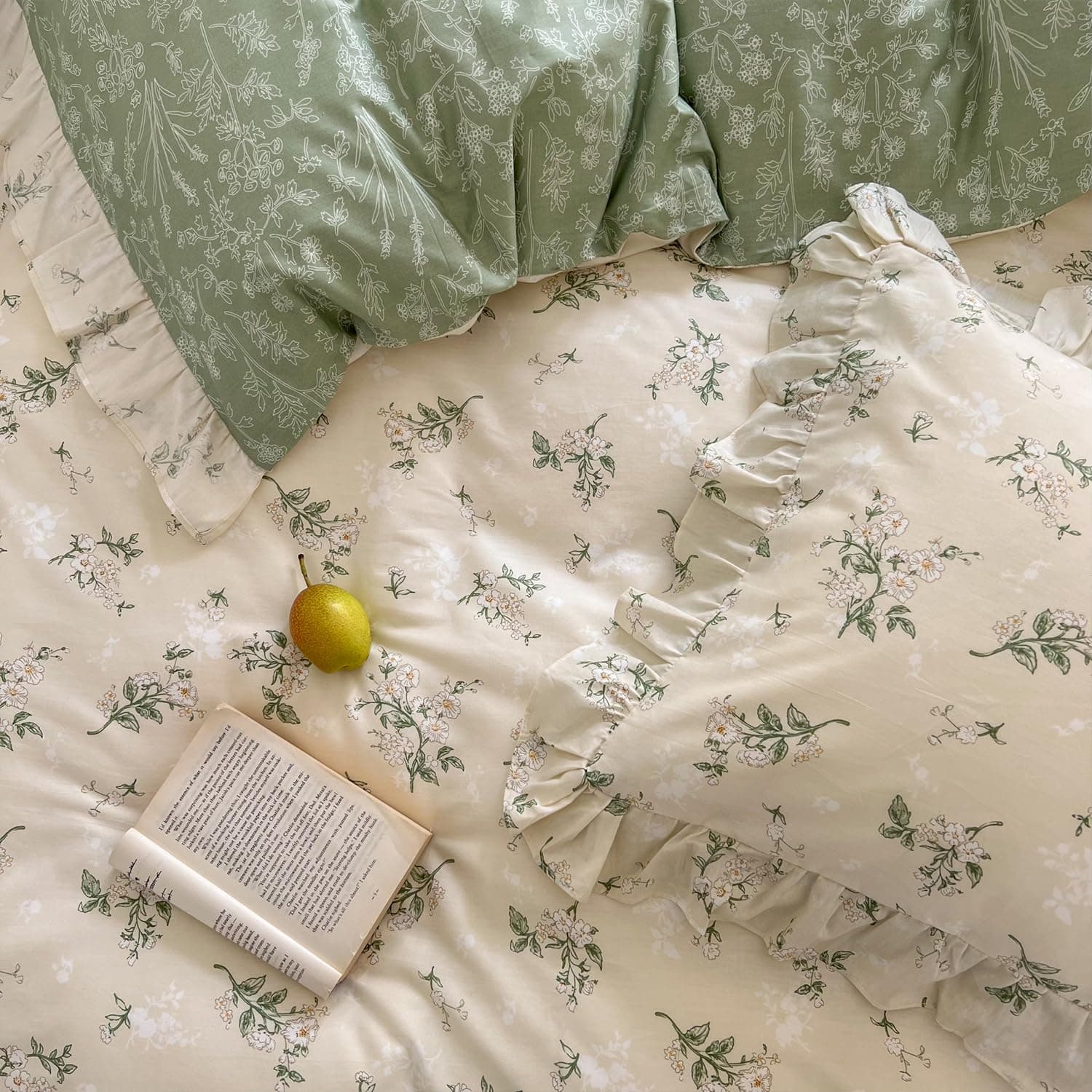 mixinni Reversible Green Floral Duvet Cover Set Full Size - 100% Cotton Botanical Bedding Set with Ruffle Lace, 3PCs Beige Soft Aesthetic Cottagecore Style Duvet Cover for Girls thumbnail 8