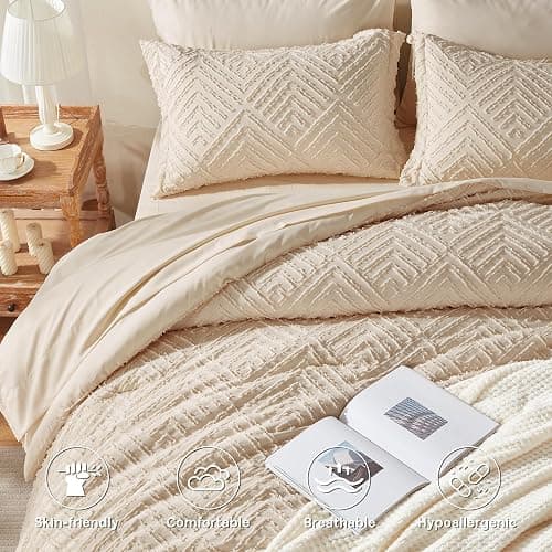 Zzlpp Queen Comforter Set 7 Pieces, Beige Bed in a Bag Queen Size, Tufted Boho Bedding Set with 1 Comforter, 2 Pillow Shams, 2 Pillowcases, 1 Flat Sheet, 1 Fitted Sheet thumbnail 3