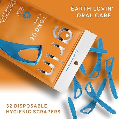 GRIN Tongue Cleaner, 32 Count, Disposable Tongue Cleaner, Hygienic Scraper, Recycled Plastic, Clean Tongue, Promote Fresh Breath, Includes Safe Fold- Back Tooth Pick (Pack of 2) thumbnail 5
