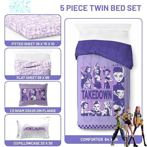 KPOP Demon Hunters Twin Comforter Set 5 Piece Kids Cartoon Bedding, Purple | Bed in a Bag, Comforter Sheets Sham Pillowcase, Official Brand, Soft Microfiber, Machine Washable, Easy Care, Girls Gift thumbnail 3