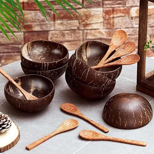 Natural Coconut Serving Bowls Set with Wooden Spoons, 13-15 cm, 4 Bowls and 4 Spoons, Perfect for Smoothies and Buddha Bowls. Hand-Crafted, Vegan-Friendly, Eco-Friendly thumbnail 7