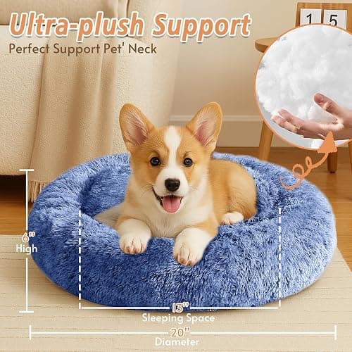 JOLLYVOGUE Small Dog & Cat Beds for Indoor Cats, Donut Cuddler Warming Soft Dog Beds with Anti-Slip Bottom, Round Calming Fluffy Plush Faux Fur Cushion Bed for Small Dogs (20", Navy Blue) - Image 1