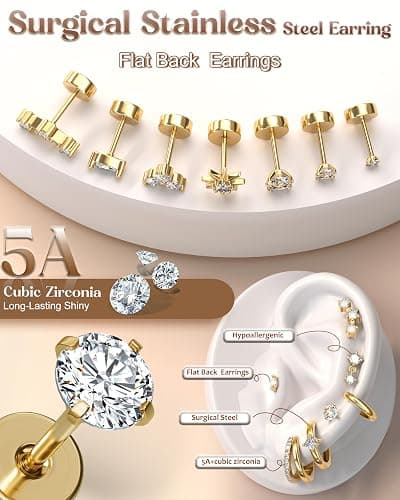 FUNRUN JEWELRY 20G Helix Piercing Jewelry Cartilage Earrings for Women | Hypoallergenic Surgical Stainless Steel Gold Flat Back Stud Hoop Earring Set for Daith Tragus Conch Body Piercing Jewelry thumbnail 2