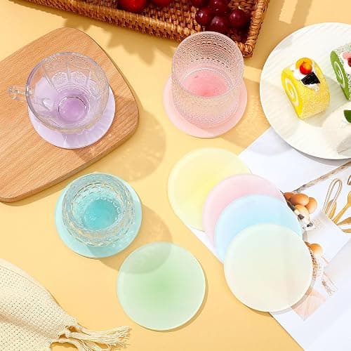 Irenare 8 Pieces Colorful Acrylic Coaster 3.9 Inches Cute Coasters Round Heat Resistant Holder Anti Slip Table Aesthetic for Coffee Table Home Decoration Gift(Rainbow Pastels Color) thumbnail 4