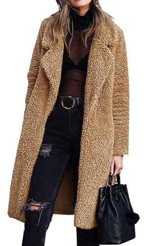 Angashion Women's Fuzzy Fleece Lapel Open Front Long Cardigan Coat Faux Fur Warm Winter Outwear Jackets - Image 1