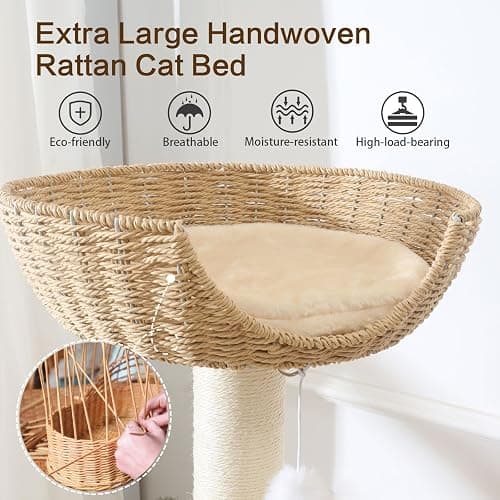 JLDUQKUM Wooden Cat Tree for Large Cat, 49.6IN Tall Cat Tower with Scratching Post for Indoor Cats, Multi-Level Cat Condo with Hand-Woven Cat Bed and Scratching Board Easy to Clean thumbnail 7