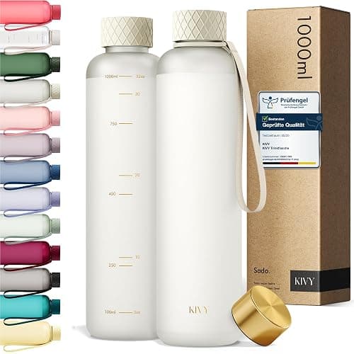 KIVY Tritan Trinkflasche 1l - Kohlensäure geeignet & Auslaufsicher - Für Sport, Schule & Büro - Sport Trinkflasche Gym - Wasserflasche Sprudel geeignet - Sportflasche 1 Liter - Weiß/Gold - Image 1