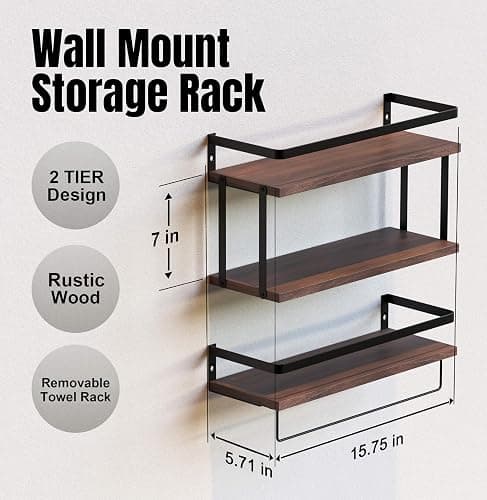 RICHER HOUSE 2+1 Tier Wall Mounted Floating Shelves Set of 2, Rustic Wood Shelf with Metal Frame, Extra Storage Rack for Bathroom, Kitchen, Bedroom with Tissue Rack & Towel Bar - Rustic Brown thumbnail 2