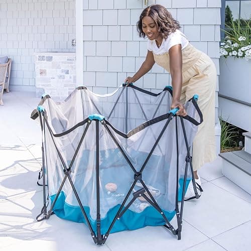 Regalo Safety My Play Deluxe Extra Large Baby Playpen & Portable Play Yard with Canopy, Foldable 8-Panel Indoor Outdoor Playpen for Babies & Toddlers, Mesh Sides, Washable Nylon Bottom, 62", Aqua thumbnail 4