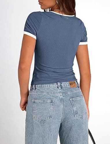 PRETTYGARDEN Women's Summer Short Sleeve T Shirts Ribbed Knit Square Neck Color Block Slim Fit Basic Casual Crop Tops Blouses thumbnail 2