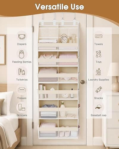 Criusia Over the Door Organizer, Extra Large 12 Compartments Closet Hanging Storage with 14 Mesh Pockets, 85lbs Capacity Behind the Door Storage for Baby Nursery, Bathroom, Bedroom, and Dorm, Beige thumbnail 9