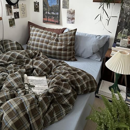 MKXI Buffalo Plaid Duvet Cover Twin XL - 3 Piece Washed Cotton Bedding Set, Blue Brown Green Vintage Aesthetic, Soft Breathable with Zipper Closure thumbnail 8
