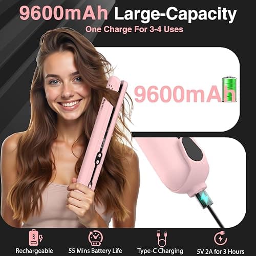 9600mAh Cordless Flat Iron Hair Straightener Rechargeable, Cordless Hair Straighteners for Women, Wireless Straightener for Car, 20 Million Negative Ions, LCD, 6 Adjustable Temp(Pink) thumbnail 3