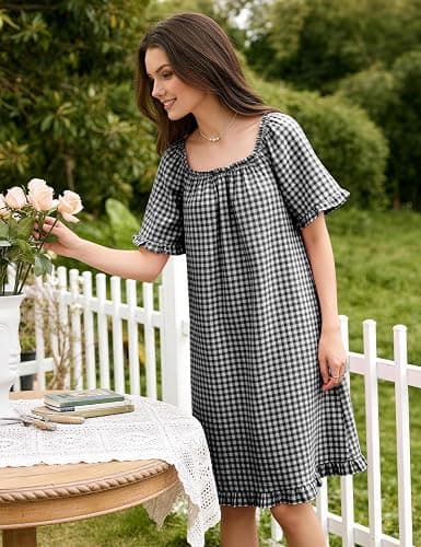 Flygo Womens Gingham Nightgown Cotton Pullover House Dress with Pockets | Square Neck, Short Sleeve, Y2K Plaid Print, Knee Length Cut, Loose Fit, Cute Ruffle Sleep Dress, for Loungewear, Maternity thumbnail 5
