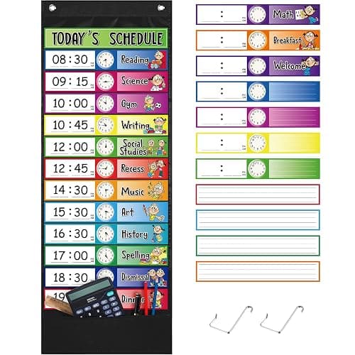 Chinco Daily Schedule Pocket Chart School Class Schedule Kit 13+1 Pocket Chart, 2 Hook, Title Card, 30 Double-Sided Blank Erasable Card for Classroom School or Home(Black) - Image 1