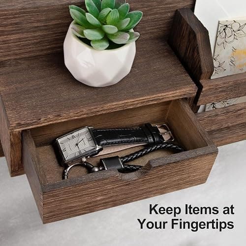 Lwenki Wall Mount Key Holder with Mail Organizer, 100% Paulownia Wood, 7 Metal Hooks, Storage Drawer, Entryway Home Decor (Brown) thumbnail 6