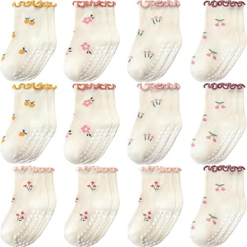 Aroveea Baby Toddler Girls Socks Grip Ruffle Non Slip Girls Cotton 12 Pack Socks for Kids Cute Ankle 6M-7Years - Image 1