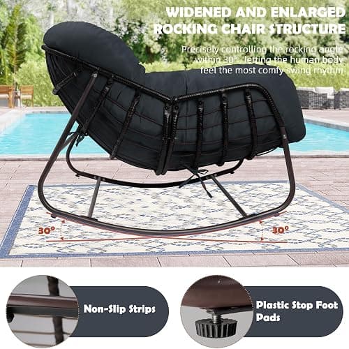TIMWNER Papasan Rocking Chair, Oversized Egg Rocker for Indoor & Outdoor Use, All-Weather Wicker Patio Chair with Cushion & Pillow, Papasan Rocking Egg Chair for Bedroom, Garden, Dark Blue thumbnail 3