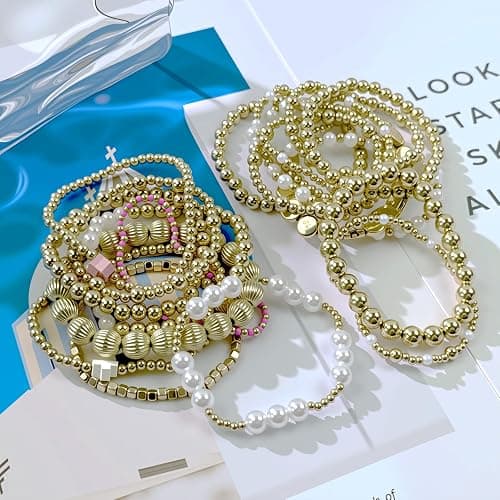Gold Beaded Bracelets Set for Women Stretch Elastic Stackable Bracelets Dainty Round Bead Ball Pearl Cross Bracelet Stack Enewton Stretchable Bracelet Jewelry Christmas Mothers Day Gifts thumbnail 6