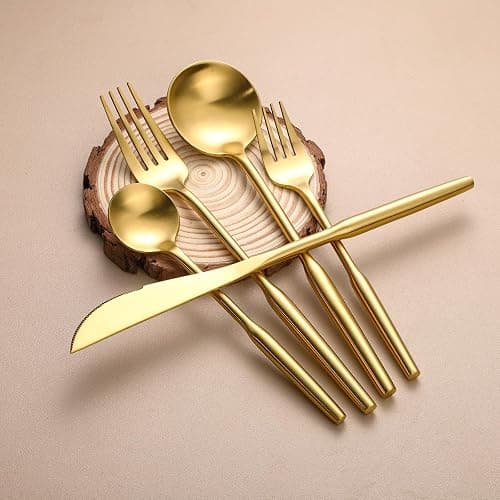 Matte Gold Silverware Set for 4,Zerophilo 20 Piece Forks and Spoons 18/10 Stainless Steel Titanium Plated Cutlery Set Metal Flatware Set, Dishwasher Safe (gold 20 pieces) - gold 20 pieces thumbnail 4