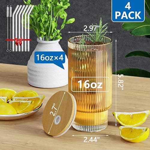 CWHHRN 16OZ Ribbed Glass Cups with Lids and Straws 4 Set, Vintage Glassware for Whiskey Cocktail Beer, Iced Coffee Cups with Lid, Glass Tumbler with Straw and Lid (4 PACK) thumbnail 3