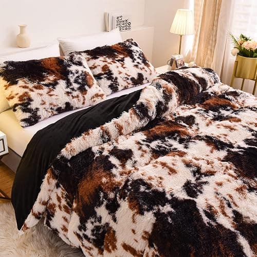 Aimuan Cow Print Duvet Cover Shaggy Fluffy Tie Dye Brown Black Velvet Bedding Cover Set Super Soft Faux Fur Fuzzy Comforter Cover with Pillowcases (Coffee-Black, Queen) thumbnail 9