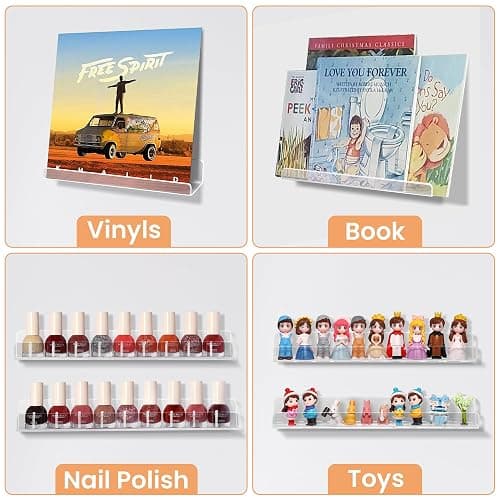 upsimples 8 Pack Vinyl Record Wall Mount Shelves, 12" Vinyl Holder for Album Record Storage & Display, Clear Acrylic Floating Shelves for Wall Decor, Kids Bookshelf, Magazine Rack, Picture Ledge thumbnail 6