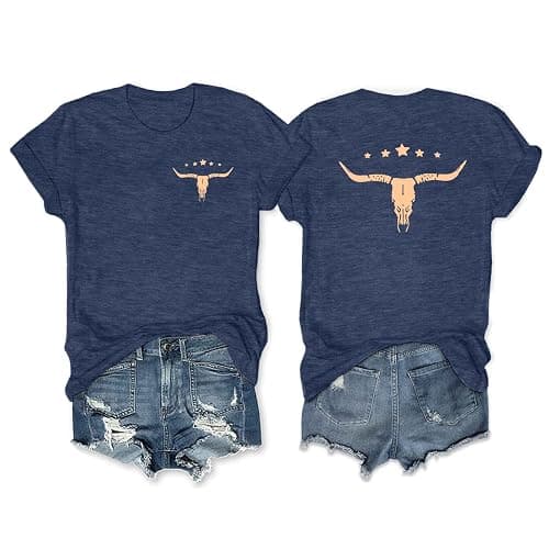 Anbech Graphic Tees for Women Summer Short Sleeve Western Cowgirl Shirts | Rodeo Cow Skull Print Tops, Crew Neck, Cute Country Music Outfit, Lightweight, Soft and Comfortable, Relaxed Fit - Image 1