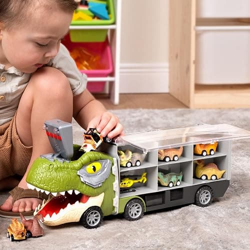 JOYIN 13 in 1 Dinosaur Toys for Kids 3-5, Dinosaur Truck with 12 Pull Back Cars, Birthday Gifts Toys for 3 4 5+ Year Old Boy, Transport Carrier Truck for Toddlers, Christmas Great Gifts for Grandkids thumbnail 2