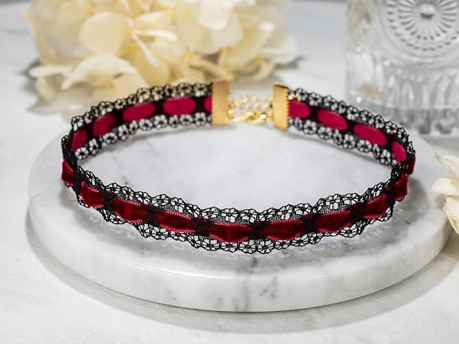 Lace Velvet Choker With Black Red, Ultra Comfortable Stretch Choker Necklaces for Women, Sexy Charm 90s Goth Choker, Halloween Gifts thumbnail 2