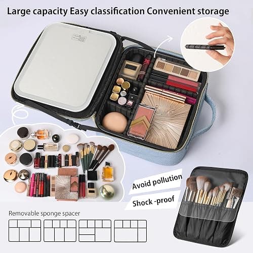 PRALENA Portable Travel Makeup Bag with Mirror and Light - 3 Colors,Adjustable Brightness Spacious Cosmetic Organizer,Mermaid Shine Blue thumbnail 4