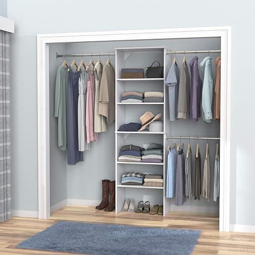 ClosetMaid SuiteSymphony Wood Closet Organizer Starter Kit Tower and 3 Hang Rods, Shelves, Adjustable, Fits Spaces 5 – 10 ft. Wide, Pure White, 25" thumbnail 2