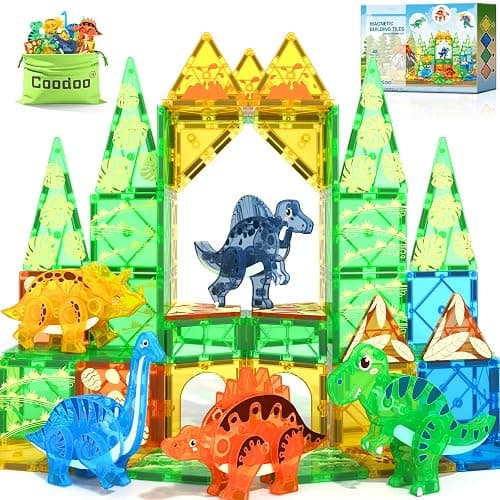 Coodoo Dinosaur Toys Magnetic Tiles 3D Movable Dinos for Kids 3-5 5-7 Toddler Outdoor Sensory Toys, STEM Educational Magnetic Blocks for 3+ Years Old Boys Girls Kids Toy - Image 1