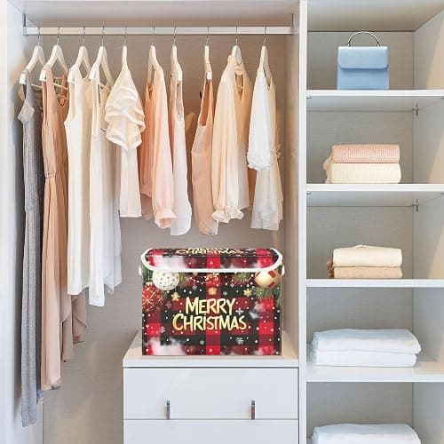 Bolaz Storage Bins with Lids and Handles,Christmas Red Plaid Storage Box Storage Basket with Cover Collapsible Organizer Containers for Home Closet, Shelves thumbnail 6
