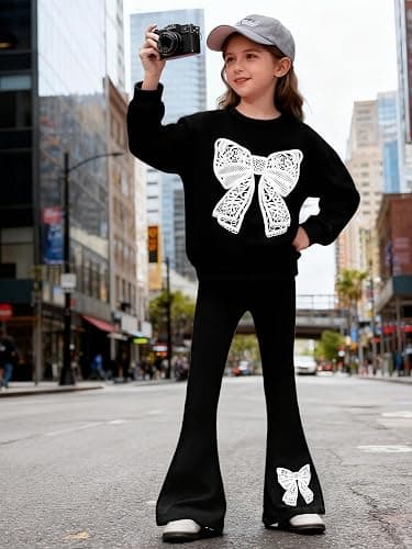 Vitalique Girls Clothes Fall Long Sleeve Lace Bow Print Sweatshirt Flared Pants 2PCS Set Little Girl Outfits Size 6-14 thumbnail 4