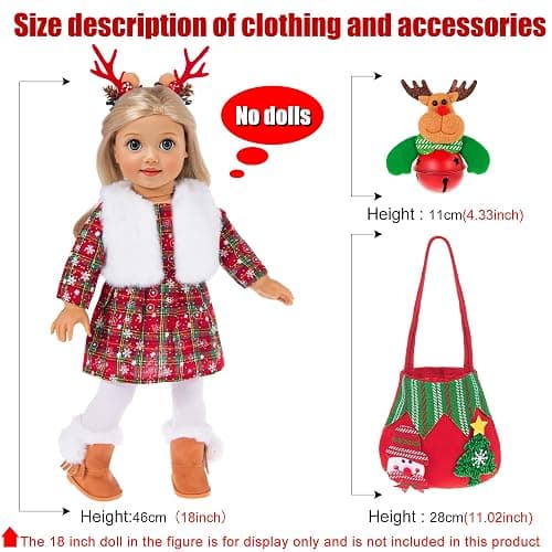 ebuddy 18 inch Doll Clothes and Accessories- Christmas Costume Playset Including Dress,Fur Vest, Tights, Boots, Hair Clips,Bell and Sticker (No Doll) thumbnail 4